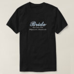 Camiseta Festa de casamento de Bachelorette Azul Bride Dust<br><div class="desc">Simples. Chic. Personalizado. Estas camisas de noiva vêm com uma elegante escrita de letra de sombra. Escolha seu ajustado original — camisa, camisa sobredimensionada para um cobrir de biquíni ou camisa de sono, camisa de suor ou capuz. Emparelhe-o com sacos de tote, trombadores e toalhas de praia. Perfeito para chás...</div>