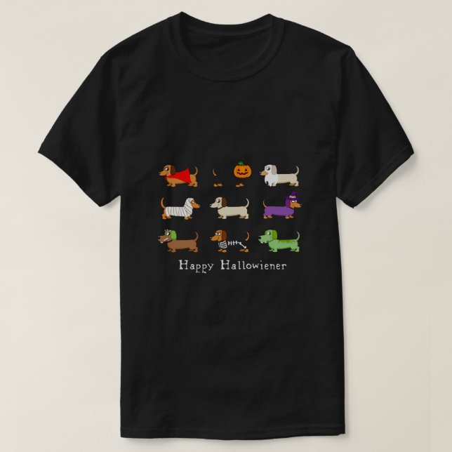 Camiseta Festa de Costume de Dachshund Halloween (Frente do Design)