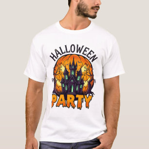 Camiseta Festa de Halloween Casa Assombrada Abóbora Morcego