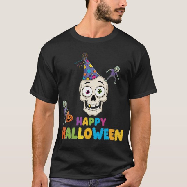 Camiseta Festa de Halloween do bobo Zombie e Skull (Frente)