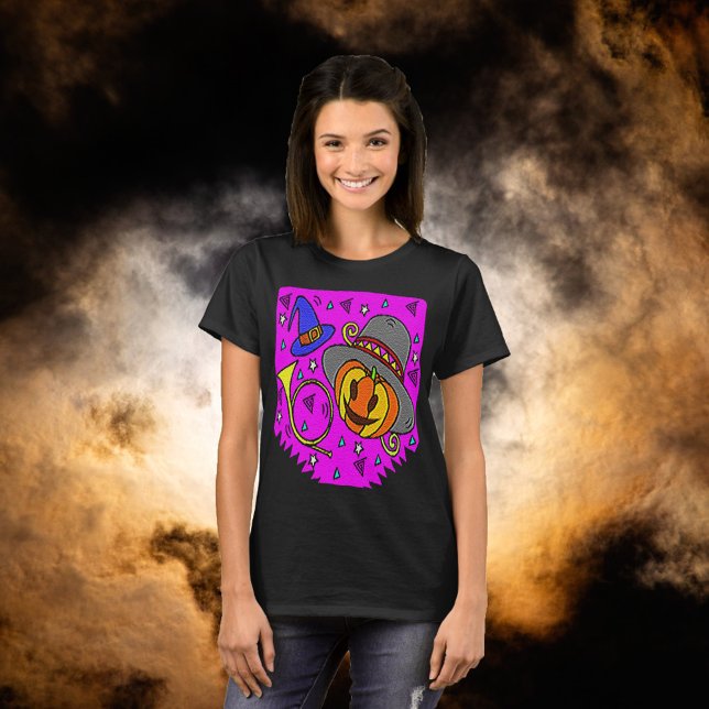 Camiseta Festa de Halloween Jack O'Lanterna Maçãs Roxas (Halloween Party Jack O'Lantern Bugle Bats Purple Women's T-Shirt)