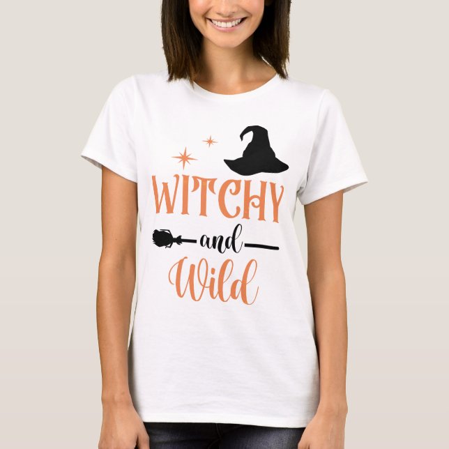 Camiseta Festa de Mulher do Halloween da Broom Wilchy (Frente)