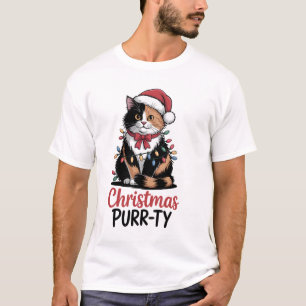 Camiseta Festa de Natal do Gatinho Envolvido em Luzes de Na