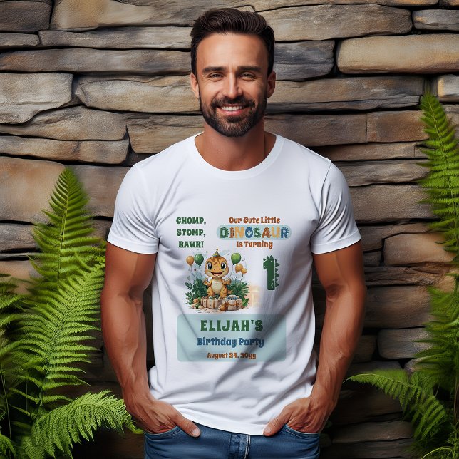 Camiseta Festa de primeiro aniversario Bonito do Menino Din (Cute Little Dinosaur Boy's 1st Birthday Party Dad's T-Shirt)