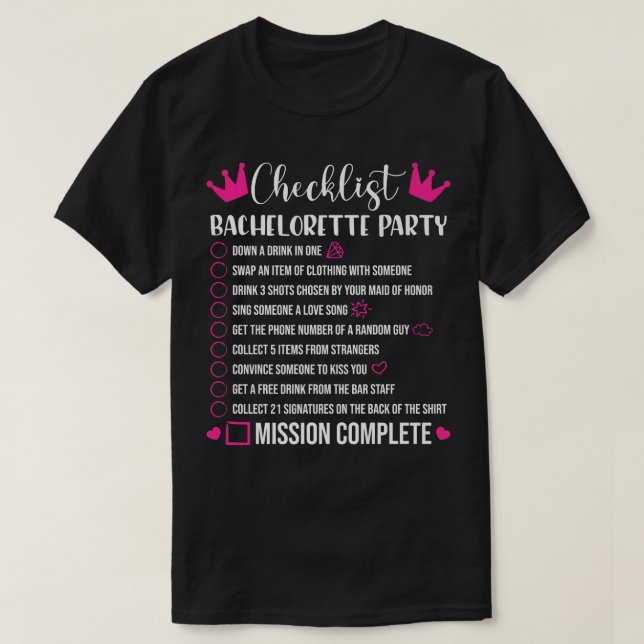 Camiseta Festa de solteira Checklist Games Bride (Frente do Design)