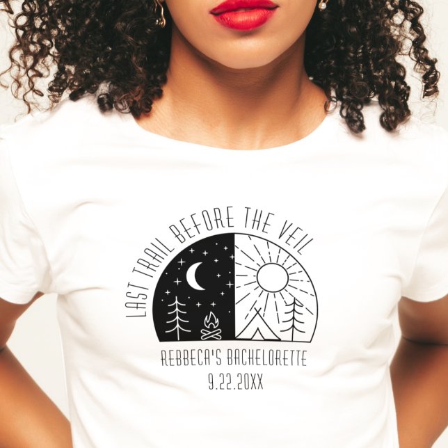 Camiseta Festa de solteira de acampamento de corte personal ("Last Trail before the veil" camping bachelorette party shirt girls weekend Bach party bridesmaid)