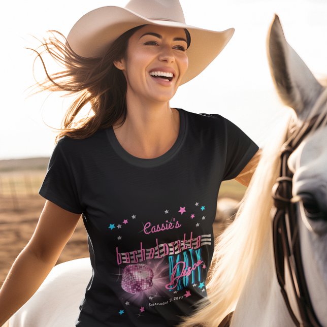 Camiseta Festa de solteira de esfera Neon Look Disco, retro (Retro 70's Neon Look Disco Ball Bachelorette Party T-shirt)