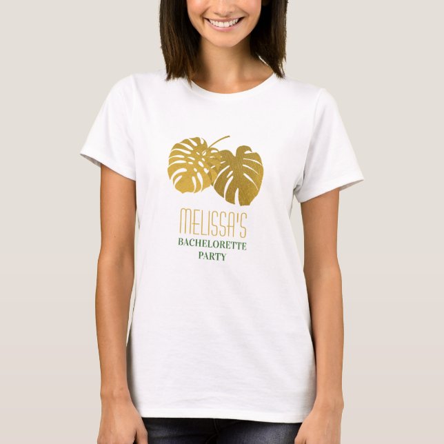 Camiseta Festa de Solteira Folhas de Monstera Douradas Mode (Frente)