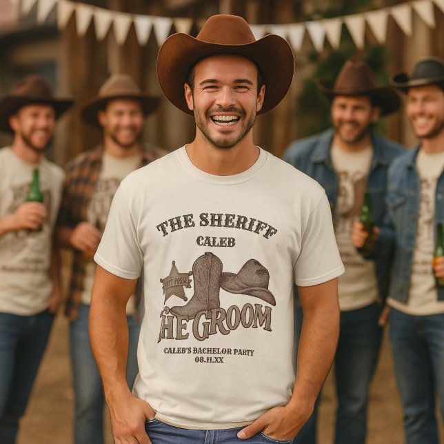 Camiseta Festa de Solteiro Cowboy Divertida O Xerife Groom (Criador carregado)