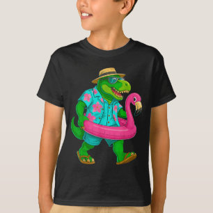 Camiseta Festa na Piscina Dinossauro Flamingo Rosa Flutuado