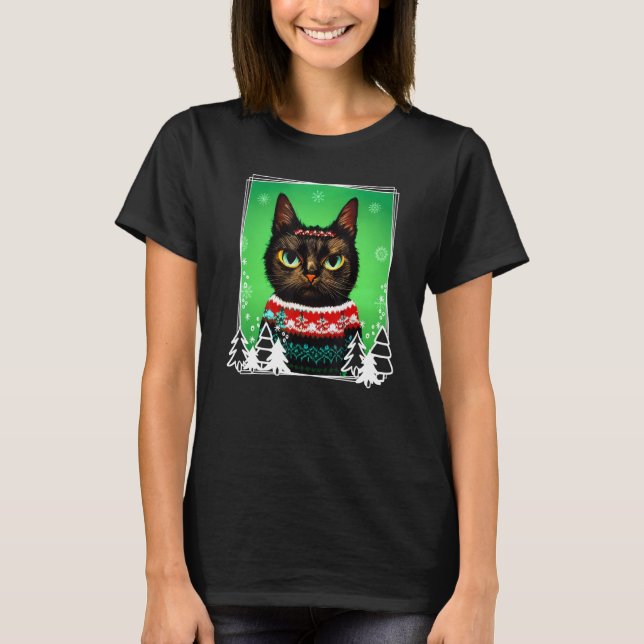 Camiseta Festive Cat Wearing a Christmas Ugly Sweater  Kitt (Frente)