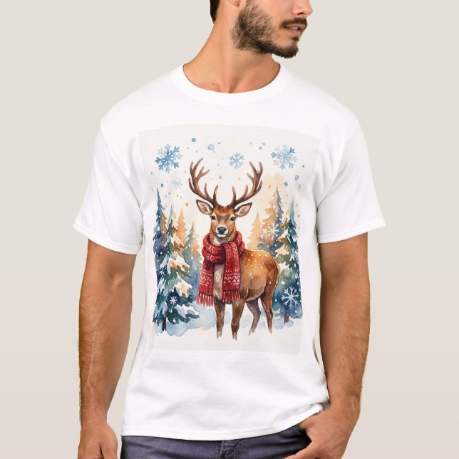 Camiseta Festive Deer in Snowy Forest (Frente)