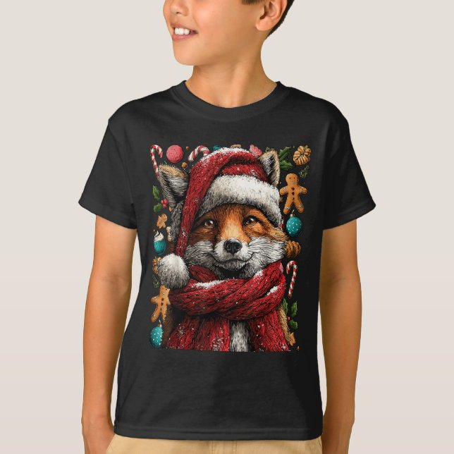 Camiseta Festive Fox With Snow Santa Hat Winter Christmas A (Frente)