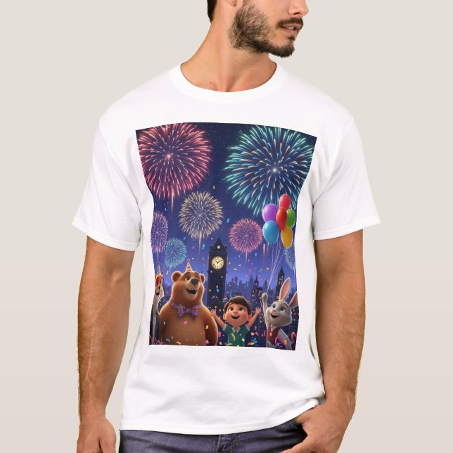 Camiseta Festive London Fireworks with Cute Animal Friends (Frente)