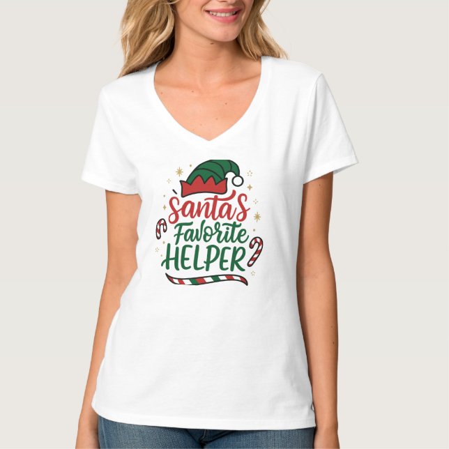 Camiseta Festive Santa Helper Christmas Women V-Neck T-Shir (Frente)