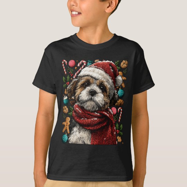 Camiseta Festive Shih Tzu With Santa Hat Snowy Winter Chris (Frente)