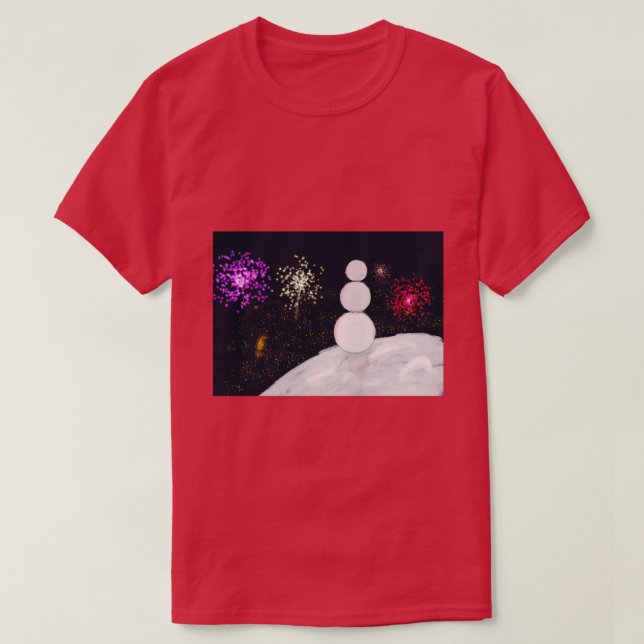 Camiseta Festive Snowman with Colorful New Year Pyrotechnic (Frente do Design)