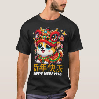 Camiseta Festivo Corgi em Dragões de Ano Novo Lunares