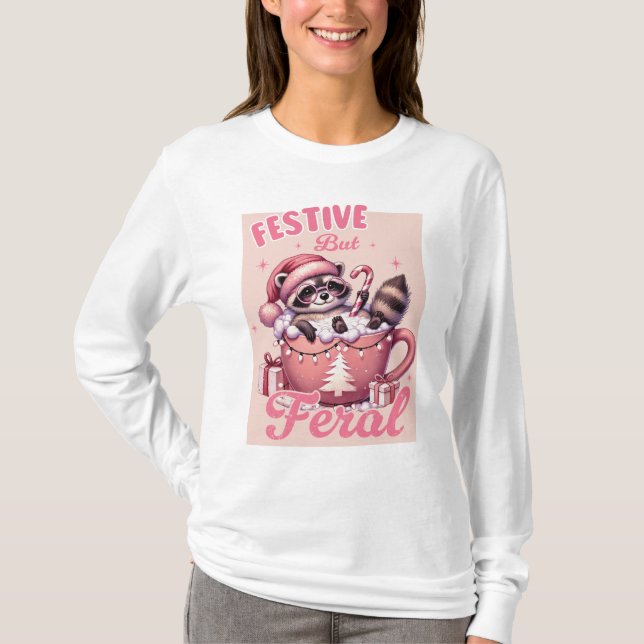 Camiseta Festivo mas Feral Raccoon Rosa Natal (Frente)