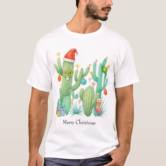 Camiseta Festivo Natal Cactus com Papai Noel e Ornamento (Frente)