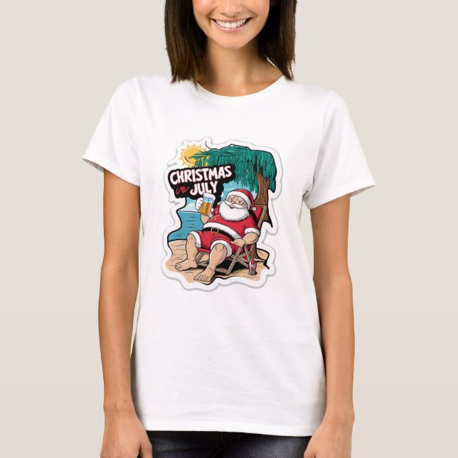 Camiseta Festivo Papai Noel Relaxando em Curto Tropical (Frente)