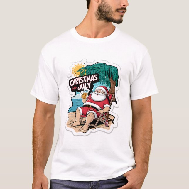 Camiseta Festivo Papai Noel Relaxando em Curto Tropical (Frente)