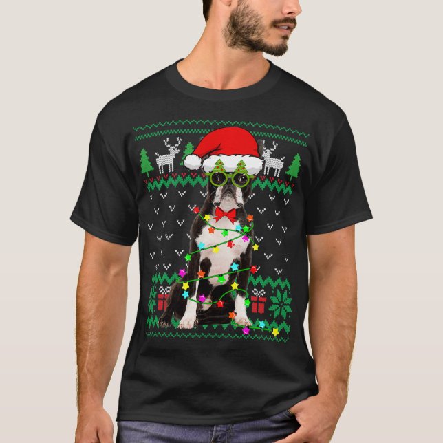 Camiseta Fez um Natal Suave Luz Boston Terrier Dog P (Frente)