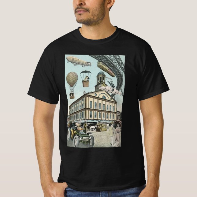 Camiseta Ficção científica retrô, cidade steampunk vitorian (Frente)