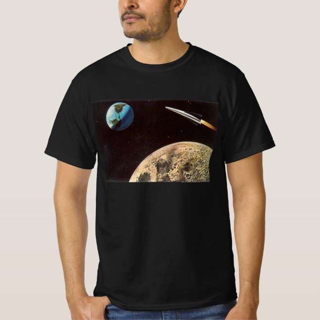 Camiseta Ficção científica retrô, nave espacial sobre a lua (Frente)