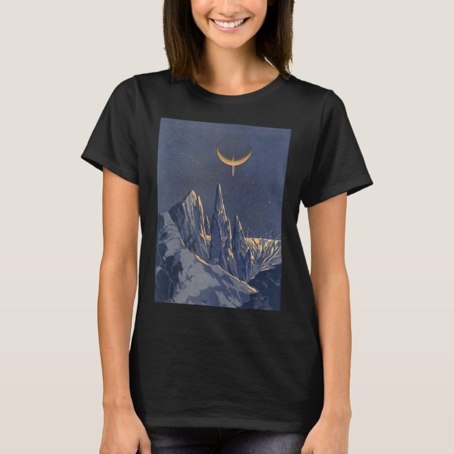 Camiseta Ficção científica retrô, planeta de neve da lua cr (Frente)