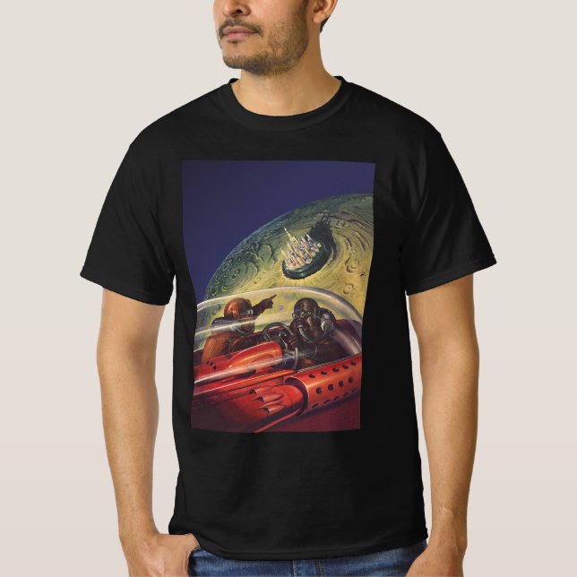 Camiseta Ficção científica vintage, cidade futurista na lua (Frente)