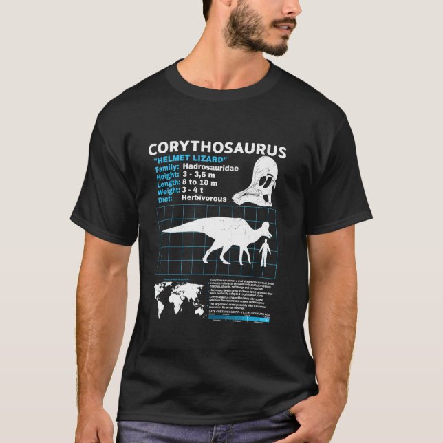 Camiseta Ficha informativa do Corythosaurus Fatos sobre Din (Frente)