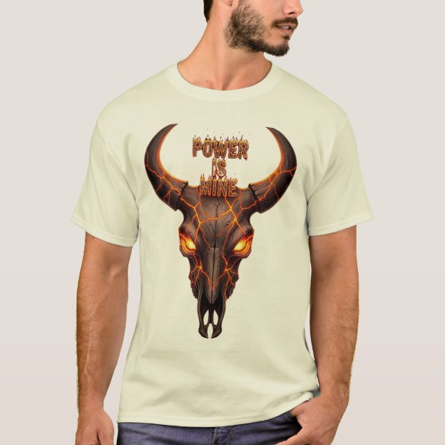 Camiseta Fiery Bull Skull "Power Is Mine" - Efeito Lava Gra (Frente)