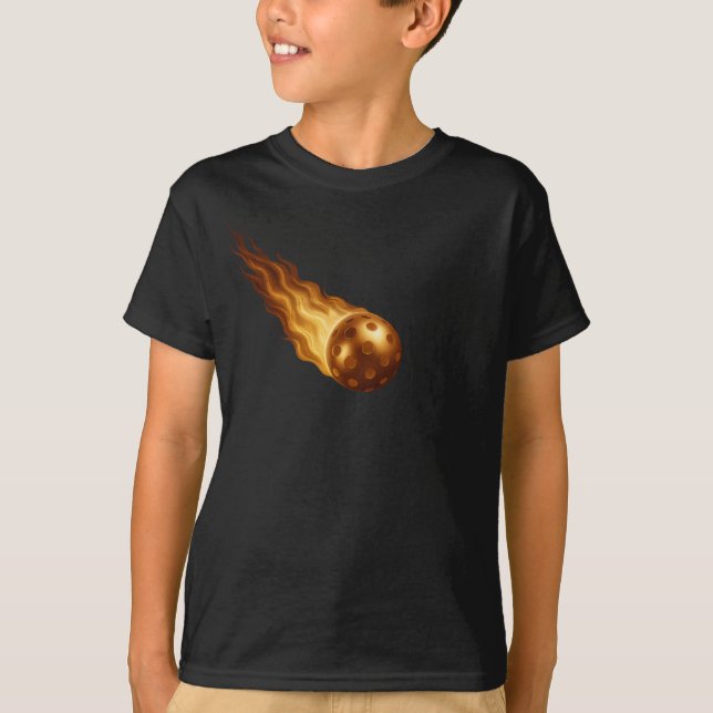 Camiseta Fiery Golden Flames | Pickleball Player Kids Black (Frente)