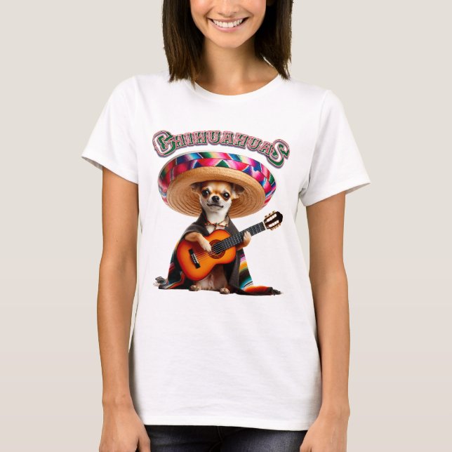 Camiseta Fiesta Chihuahua - Serenata De Violão Com Sombrero (Frente)