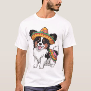 Camiseta Fiesta Papillon Dog Vestindo Sombrero e Sarape