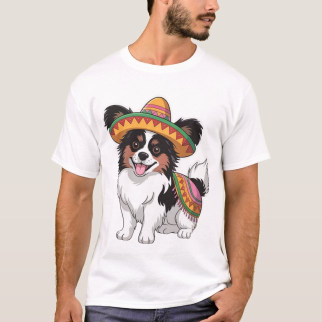 Camiseta Fiesta Papillon Dog Vestindo Sombrero e Sarape (Frente)