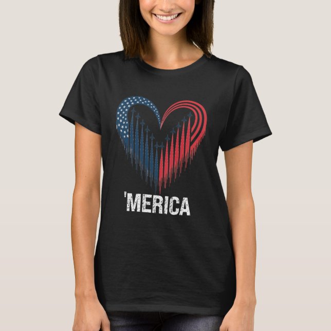 Camiseta Fighter Jet Airplane American Flag Heart 4th Of Ju (Frente)
