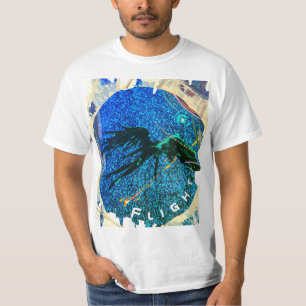 Camiseta Figura alada escura voando pelo espaço
