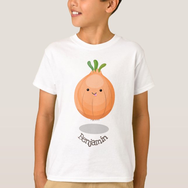 Camiseta Figura de desenho animado verde de cebola castanho (Frente)