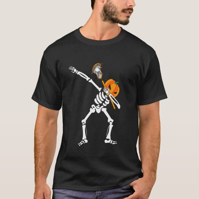 Camiseta Figurino Bonito Halloween Dabbing Skeleton Lacross (Frente)