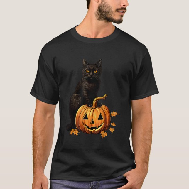 Camiseta Figurino De Abóbora De Abóbora De Gato Negro Para  (Frente)