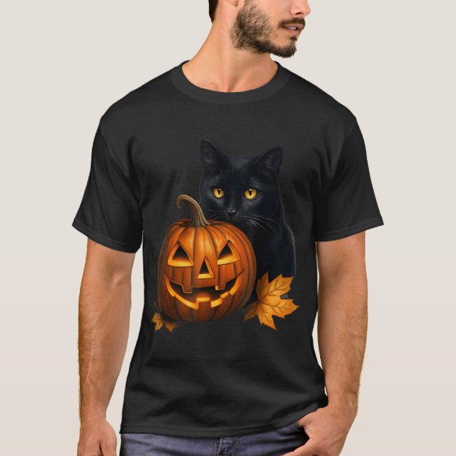 Camiseta Figurino De Abóbora De Gato Negro Para Homens (Frente)
