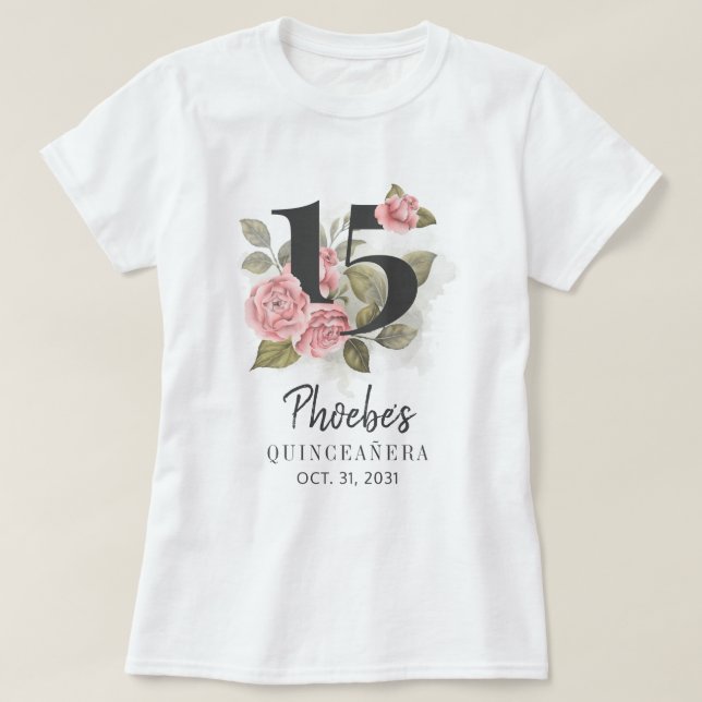 Camiseta Filha de Quinceanera Floral Rosa, 15, Aniversário (Frente do Design)