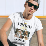 Camiseta Filho Orgulhoso do T-Shirt Formando<br><div class="desc">Mostre seu orgulho e alegria como seus formandos-pais com nossas t-shirts especialmente projetadas para a cerimônia de formatura em branco e ouro. Estas peças feitas sob medida, completadas com um formando clássico de mortarboard, cinco fotos pessoais, a afirmação ousada 'filho orgulhoso do formando', e personalizadas com seu nome ou pais,...</div>
