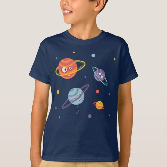 Camiseta Filhos Espaciais de Cartoons de Planetas Cujos Pla (Frente)