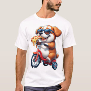 Camiseta filhote andando de bicicleta comendo pizza