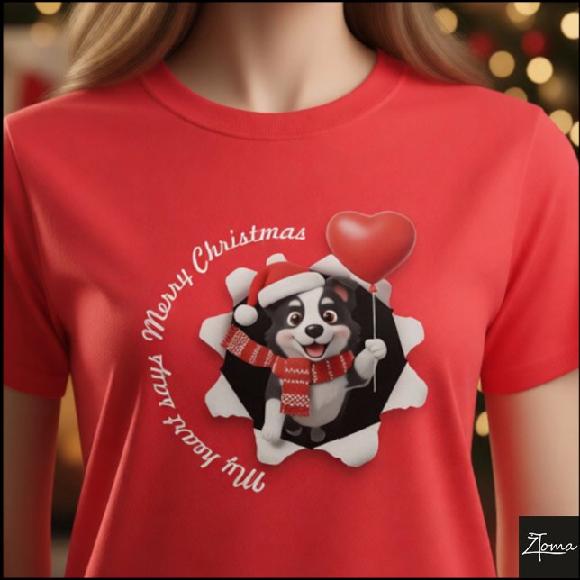 Camiseta Filhote de Border Collie Cachecol Coração de Natal (Criador carregado)