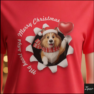 Camiseta Filhote de Collie Natal Coração Cachecol Fofo