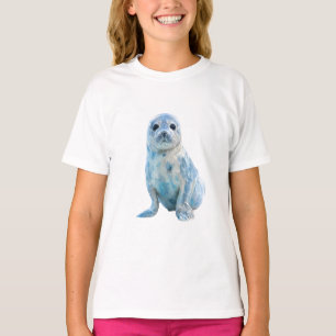 Camiseta Filhote de Foca Azul Mármore Aquarela para Criança